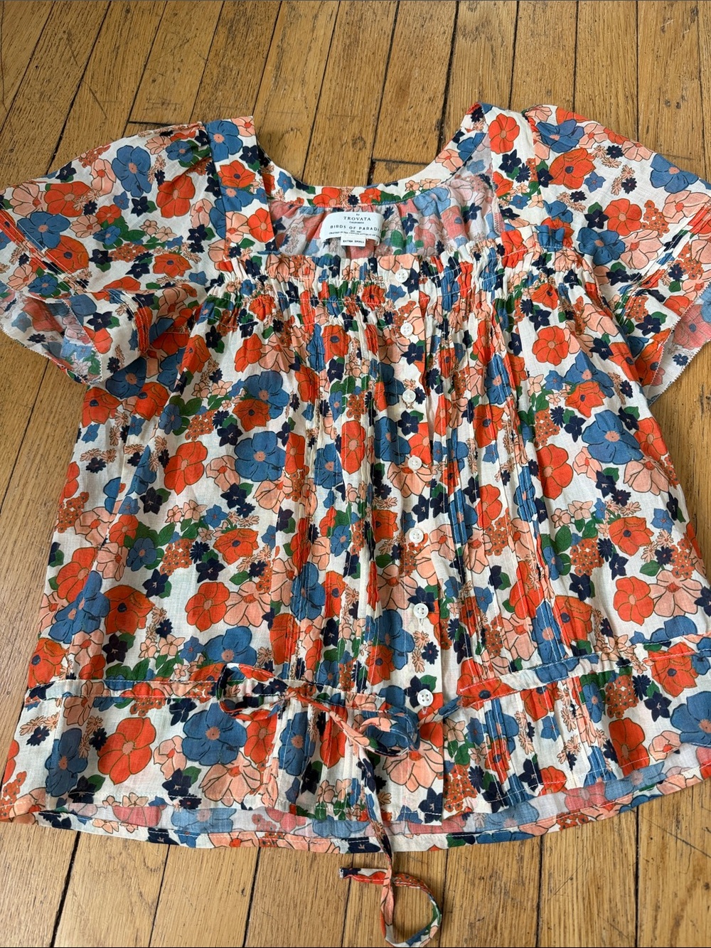 Trovata Bird of paradise Floral Peasant Blouse in Blue & Coral size XS EUC